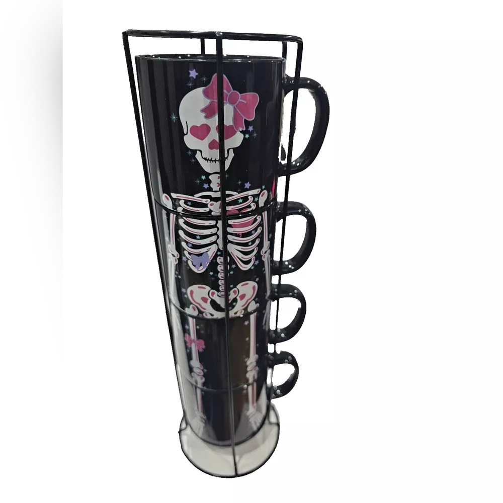 ~SOLD~ Dolls Kill Home Halloween Skull Skeleton Heartless Charm Stackable Mugs - Picture 3 of 5